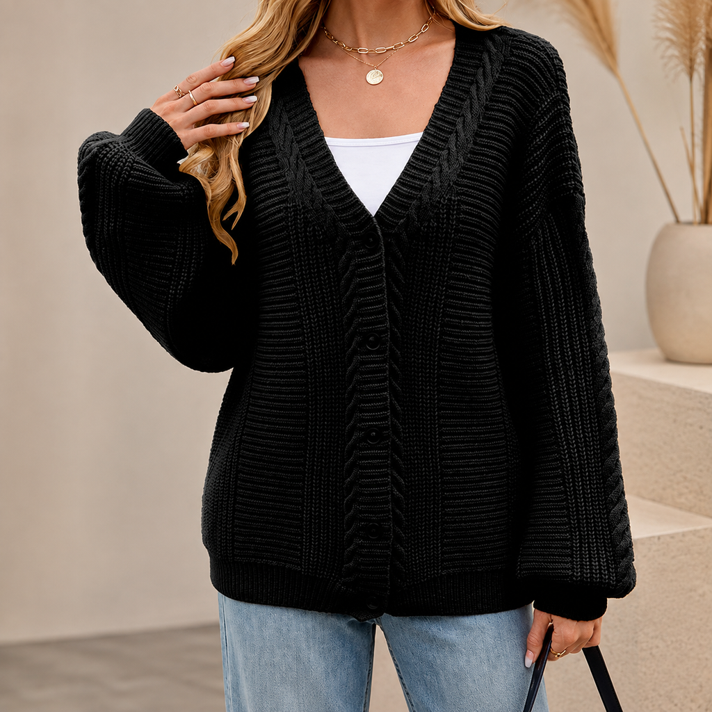 Vivienne Women’s Cable Knit V-Neck Cardigan – Button-Front Sweater