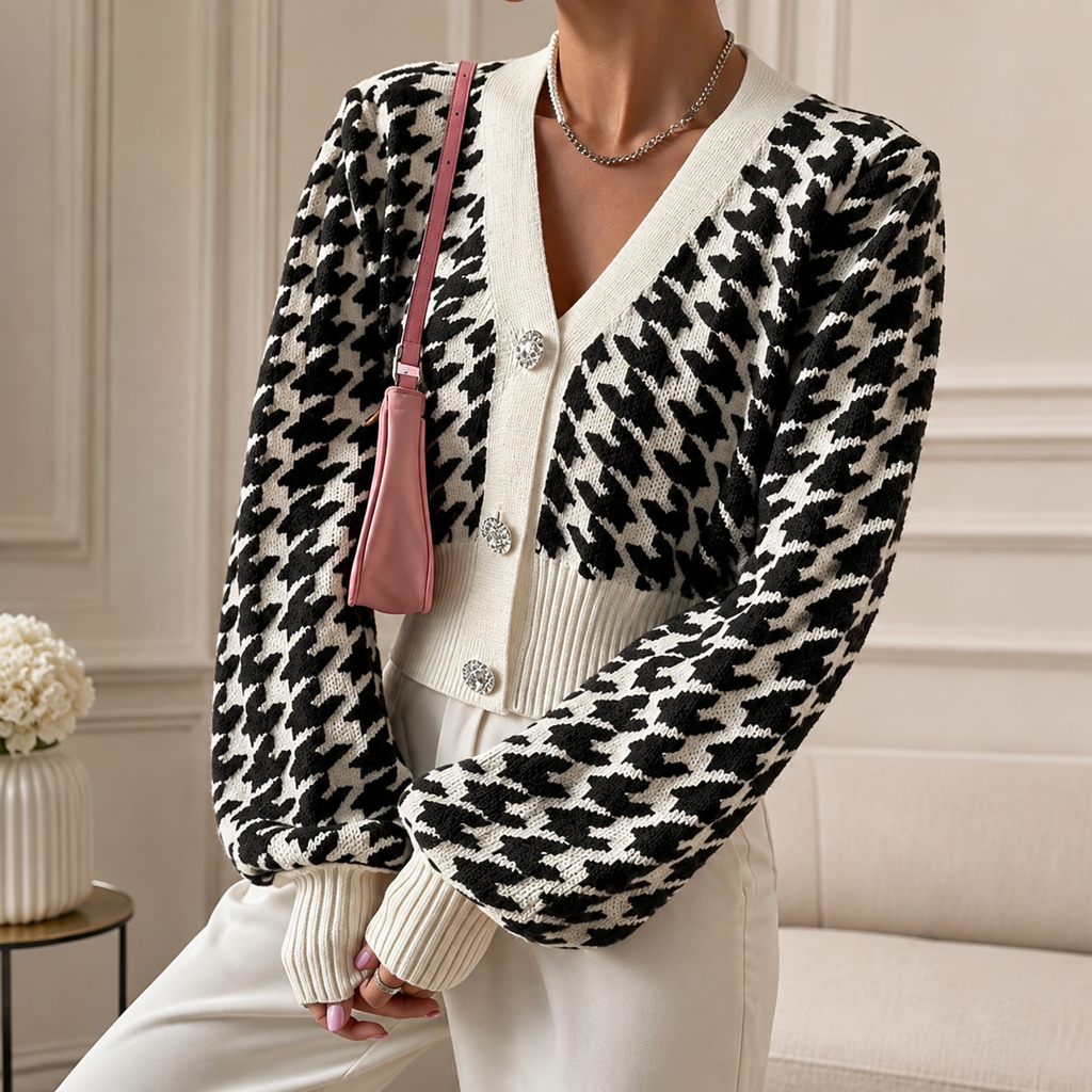 Amelia Women’s Patterned Knit Button Cardigan – Cropped Soft Knit Sweater