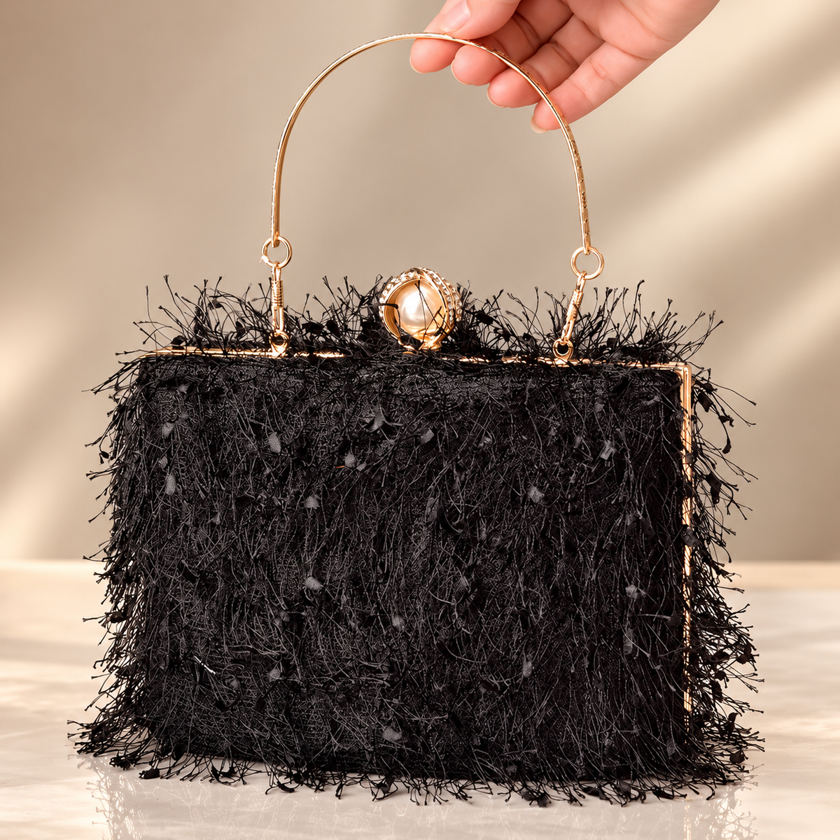 Vivienne Pearl Fringe Evening Clutch Bag with Gold Handle