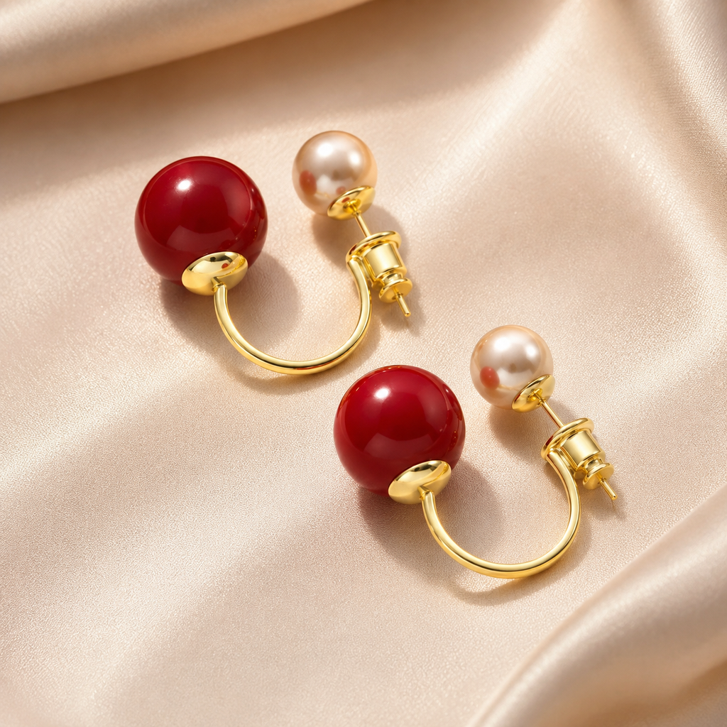 Alessia Women’s Double Drop Pearl-Style Earrings – Statement Post-Back Earrings