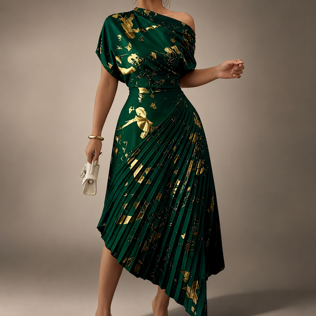 Natalie’s One-Shoulder Metallic Print Pleated Dress