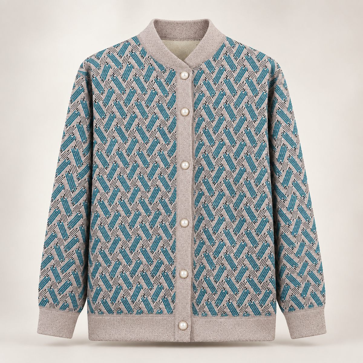 Giselle Women's Geometric Print Button-Front Knit Jacket with Stand Collar