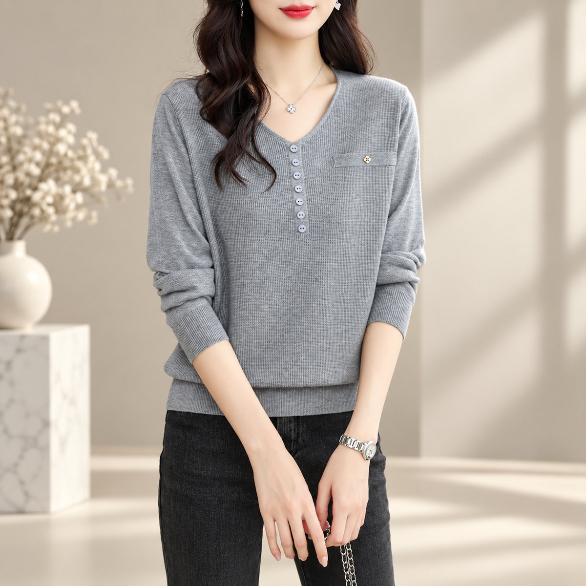 Marina Women’s V-Neck Button Detail Knit Sweater – Long Sleeve Pullover Top