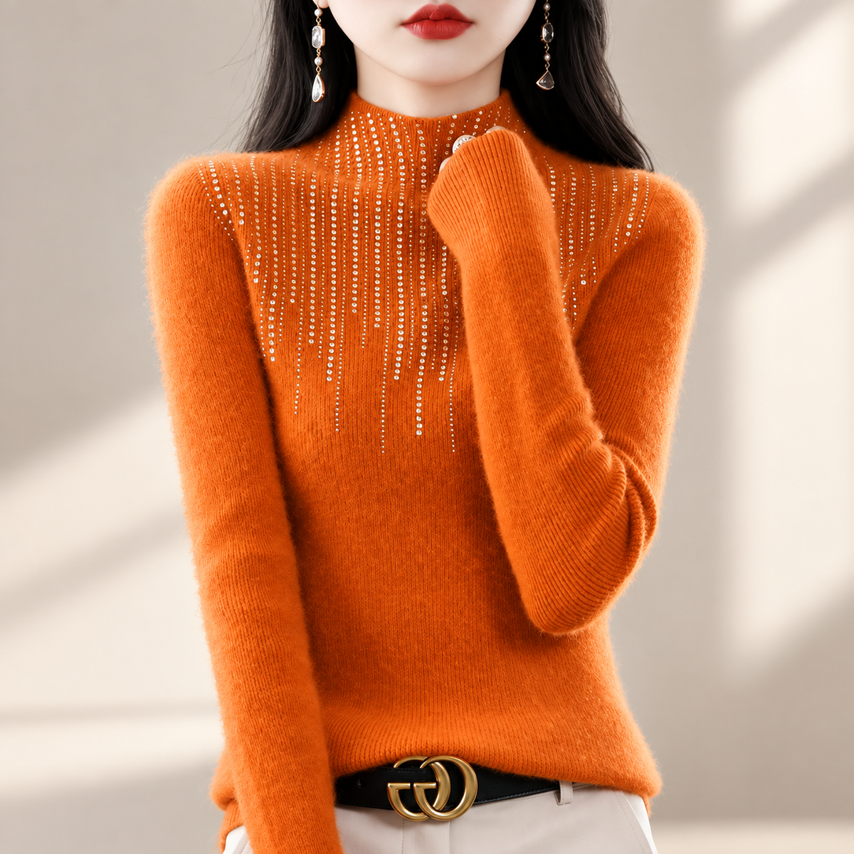 Valentina Women’s Mock Neck Rhinestone Knit Sweater – Long Sleeve Fitted Pullover