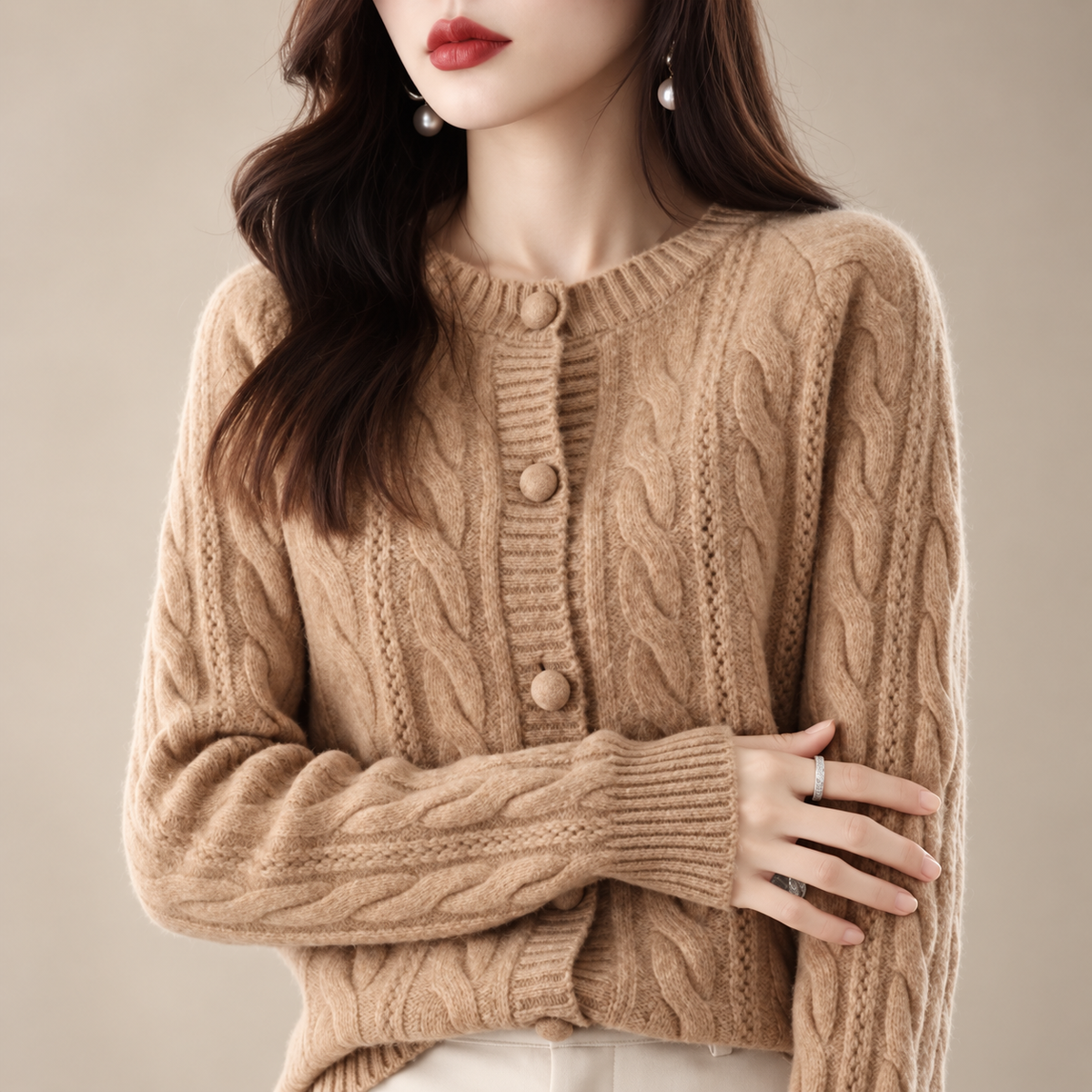 Marianne Cable Knit Button Cardigan – Women’s Crew Neck Long Sleeve Sweater