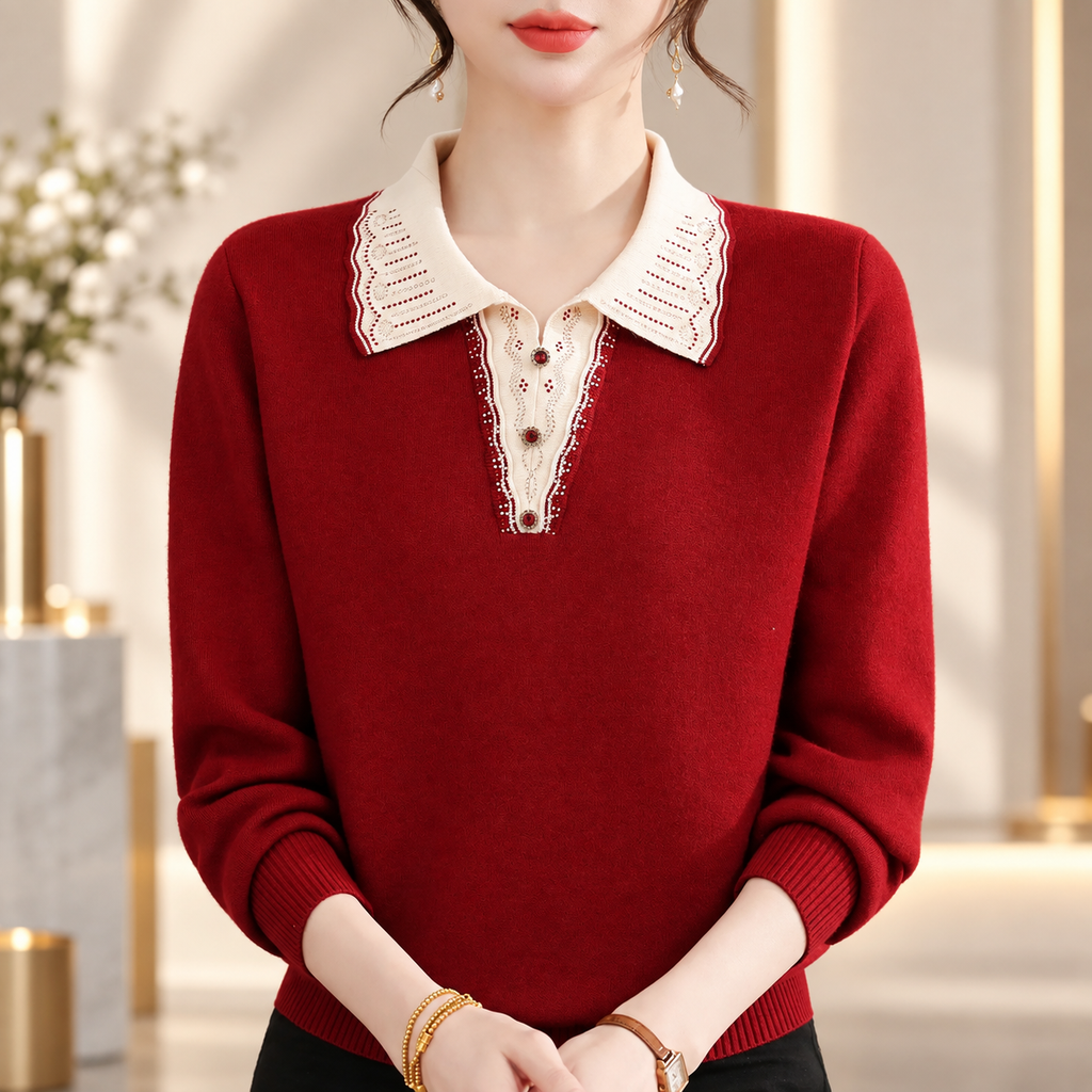 Genevieve Women's Contrast Collar Knit Sweater with Decorative Button Detail