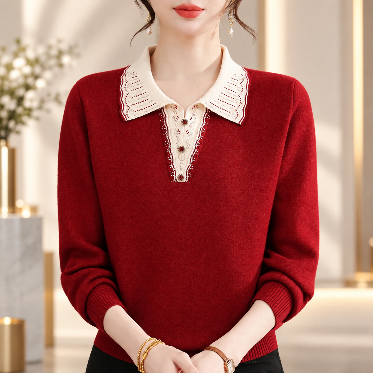 Genevieve Women's Contrast Collar Knit Sweater with Decorative Button Detail