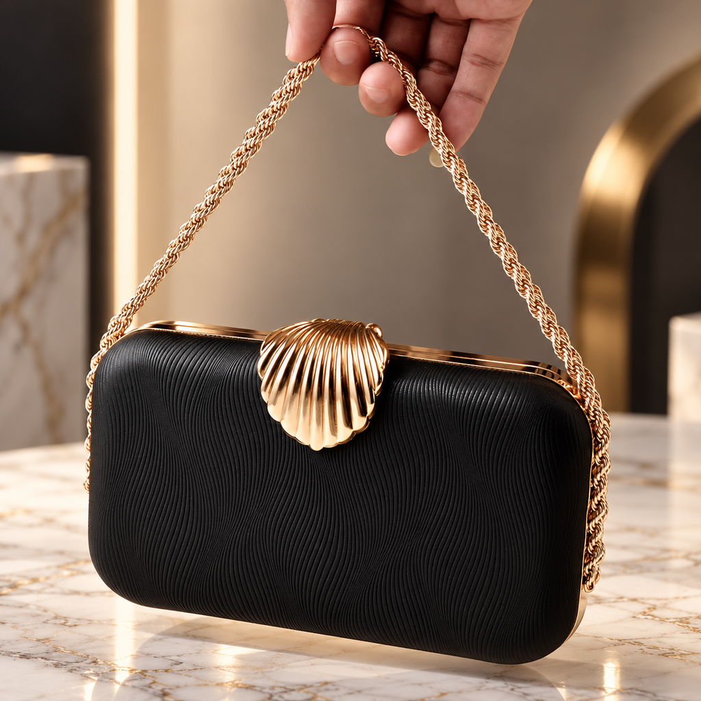Amélie Shell Clasp Evening Clutch with Gold Chain