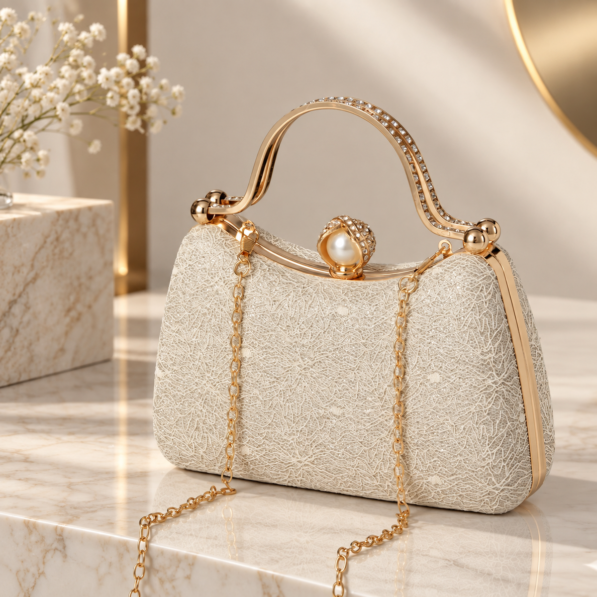 Beatrice Pearl-Clasp Evening Handbag with Top Handle