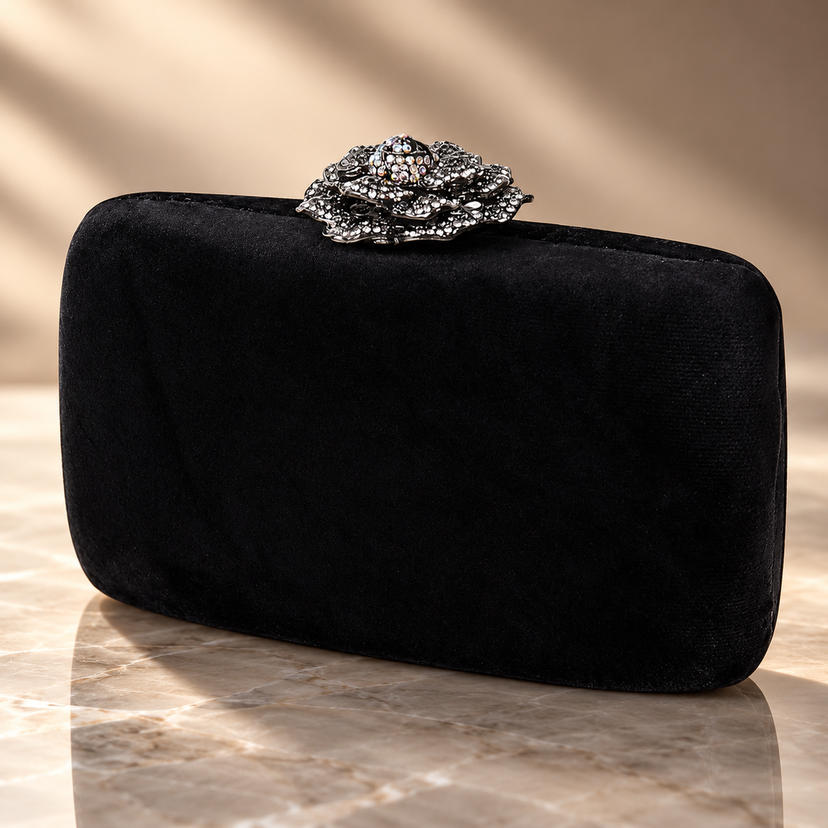 Camille Jeweled Rose Velvet Evening Clutch with Chain Strap