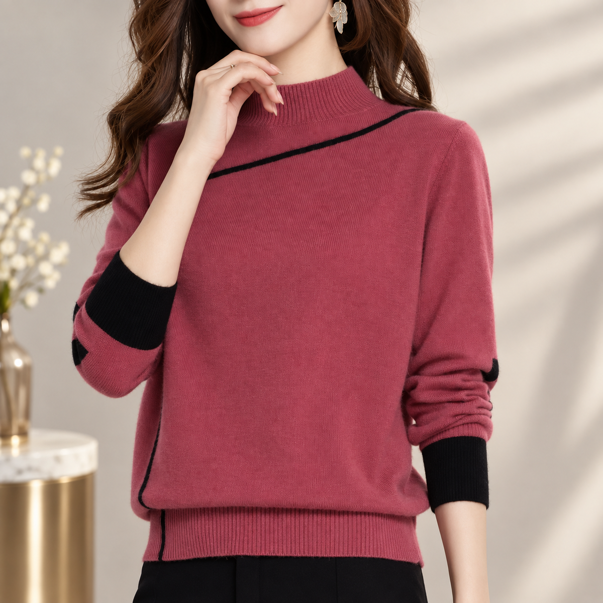 Rosalie Women's Contrast Trim Mock Neck Knit Sweater