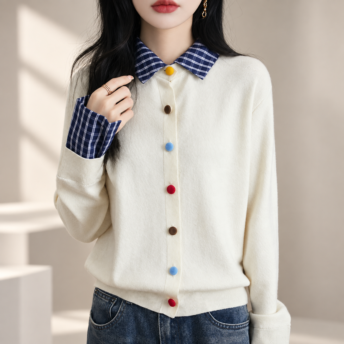 Lucienne Women's Plaid Collar Knit Cardigan with Multicolor Buttons