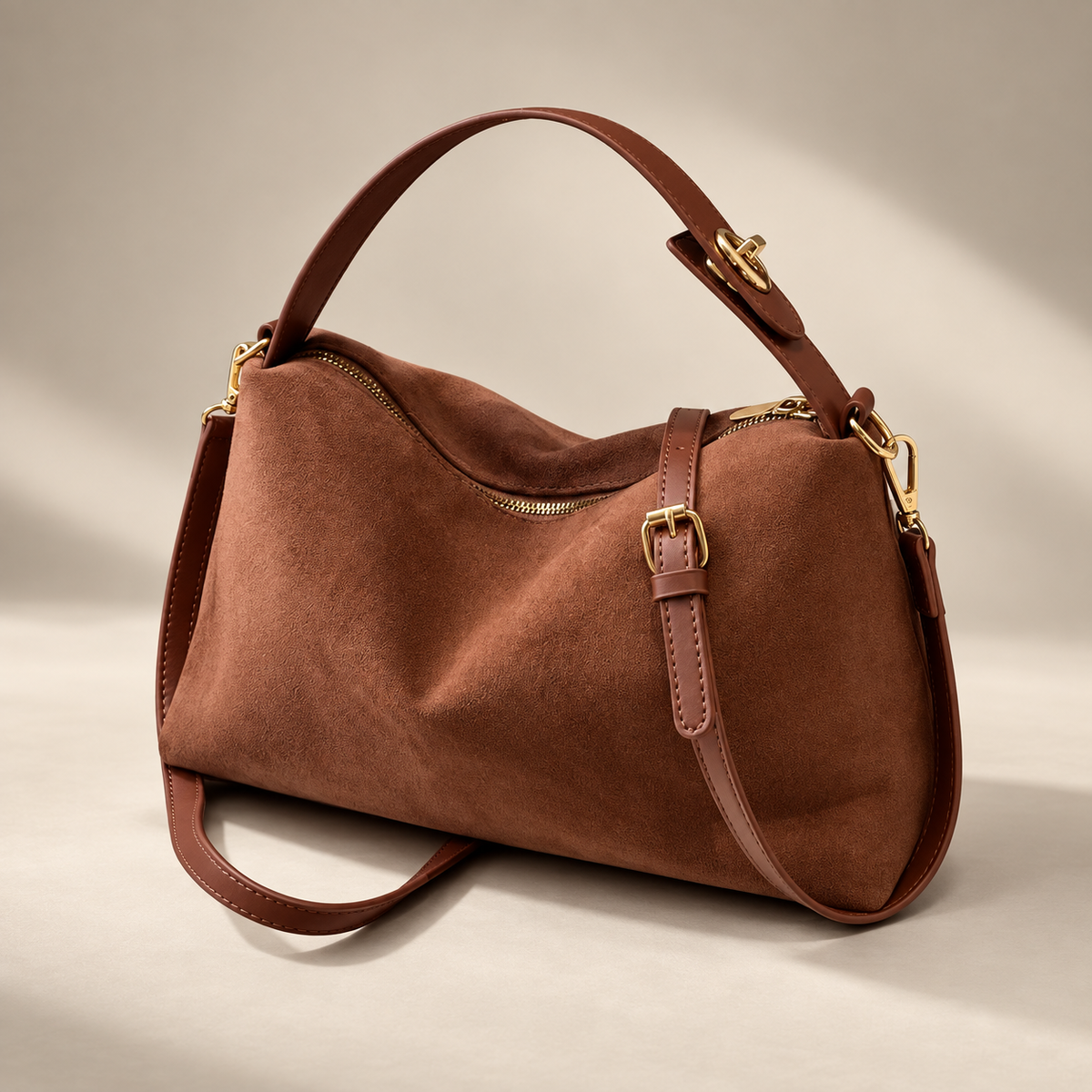 Alessia Suede-Look Shoulder Bag with Top Handle and Adjustable Crossbody Strap