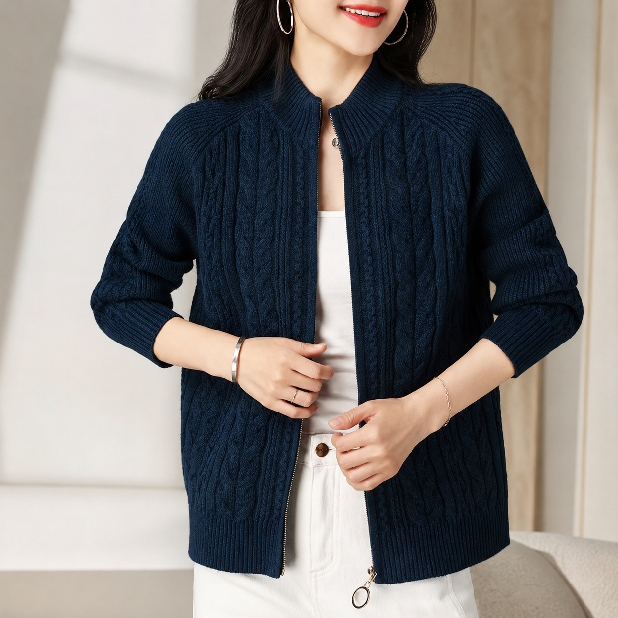 Amelia Women’s Cable Knit Zip-Up Turtleneck Cardigan