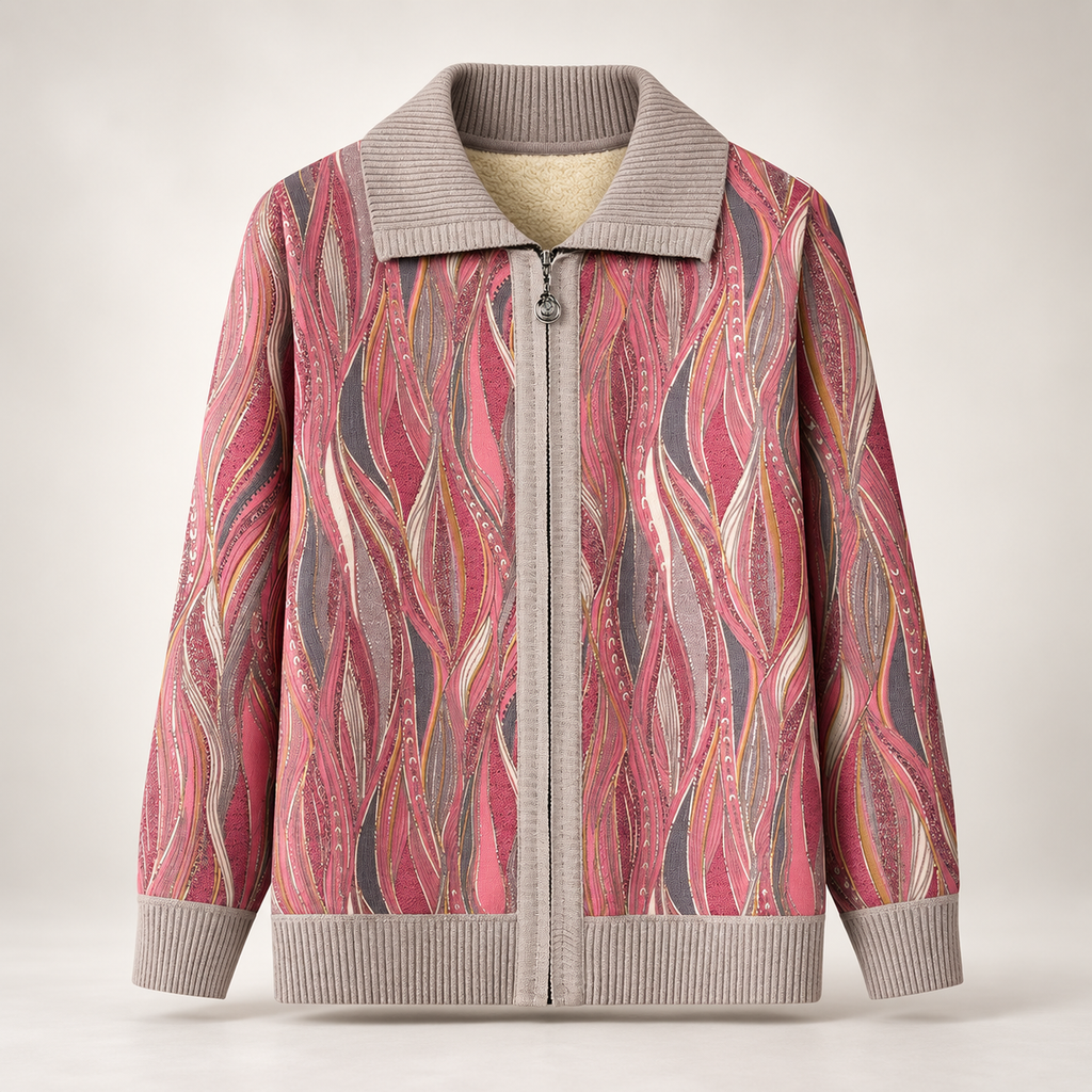 Delphine Women's Abstract Print Zip-Front Knit Jacket with Ribbed Collar