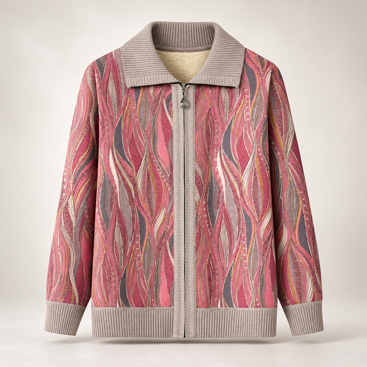 Delphine Women's Abstract Print Zip-Front Knit Jacket with Ribbed Collar