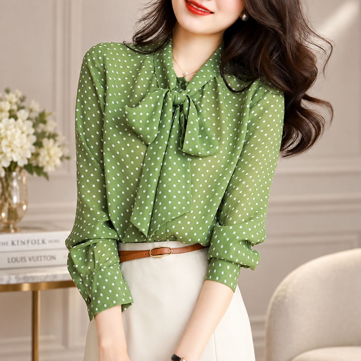 Vivienne Polka Dot Bow Tie Long Sleeve Blouse