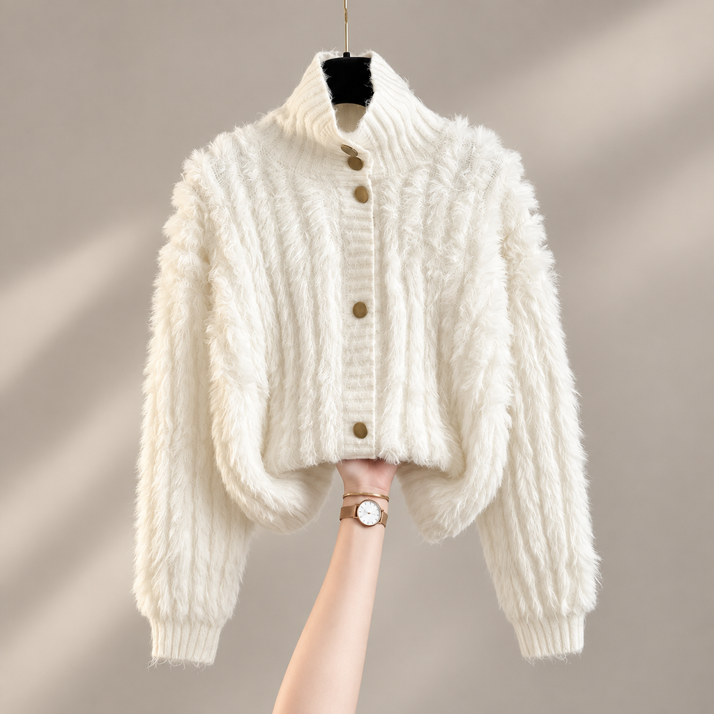 Elodie Women's Fuzzy Textured Knit Button-Front Cardigan with Stand Collar
