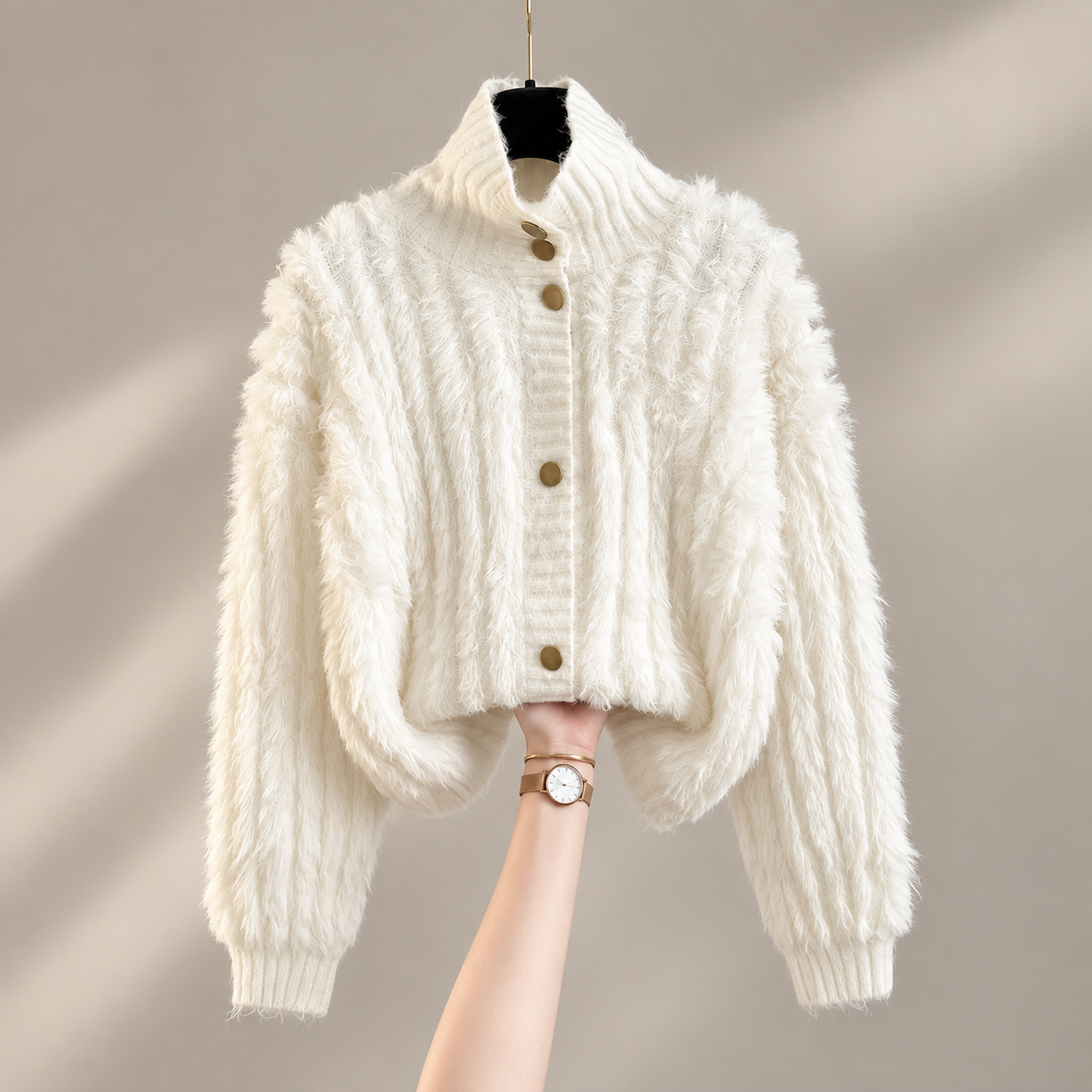 Elodie Women's Fuzzy Textured Knit Button-Front Cardigan with Stand Collar
