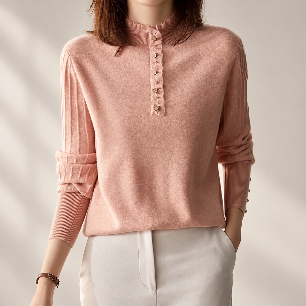 Vivienne Women's Ruffle Mock Neck Knit Sweater with Button Placket