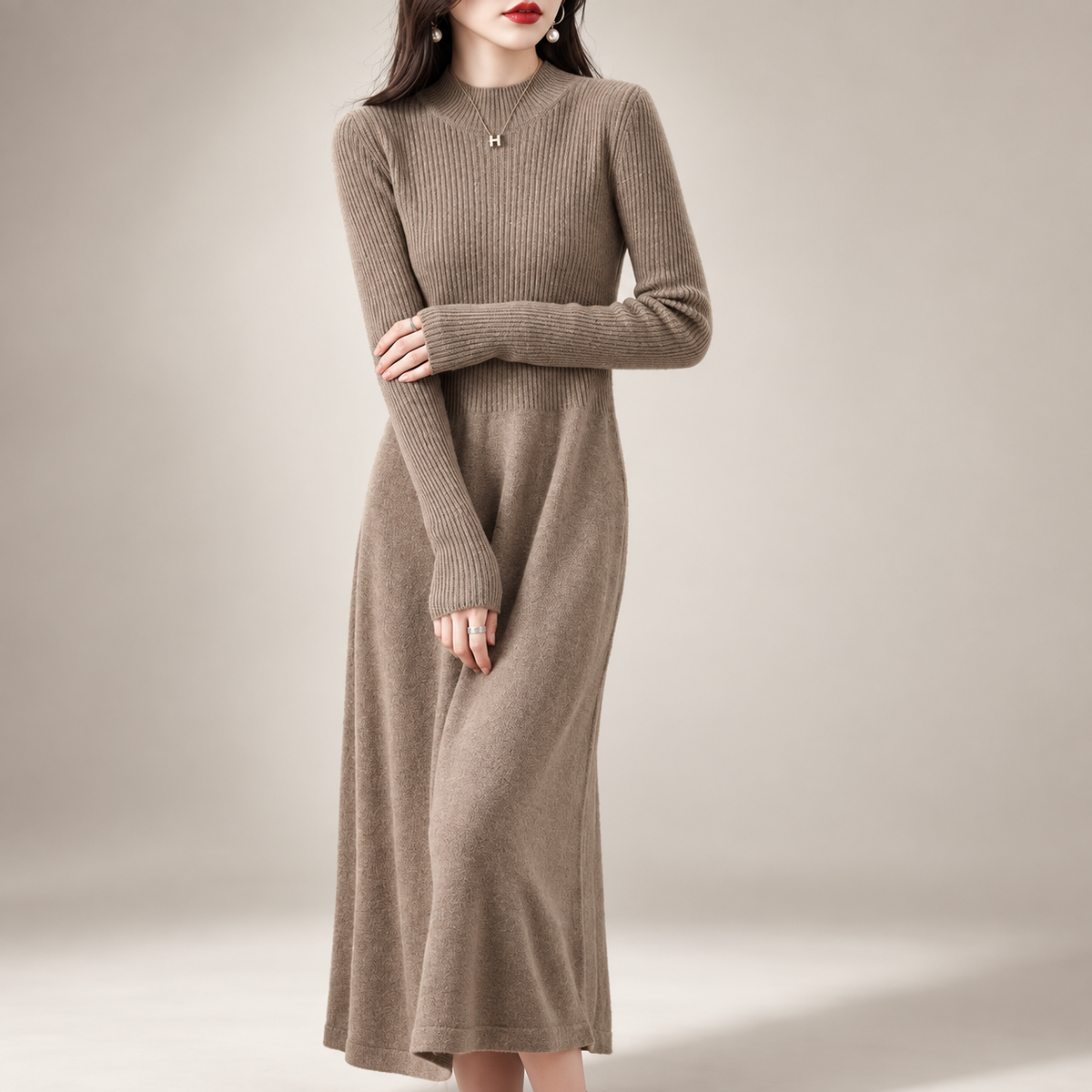 Helena Women's Mock Neck Ribbed Knit Midi Dress with Long Sleeves
