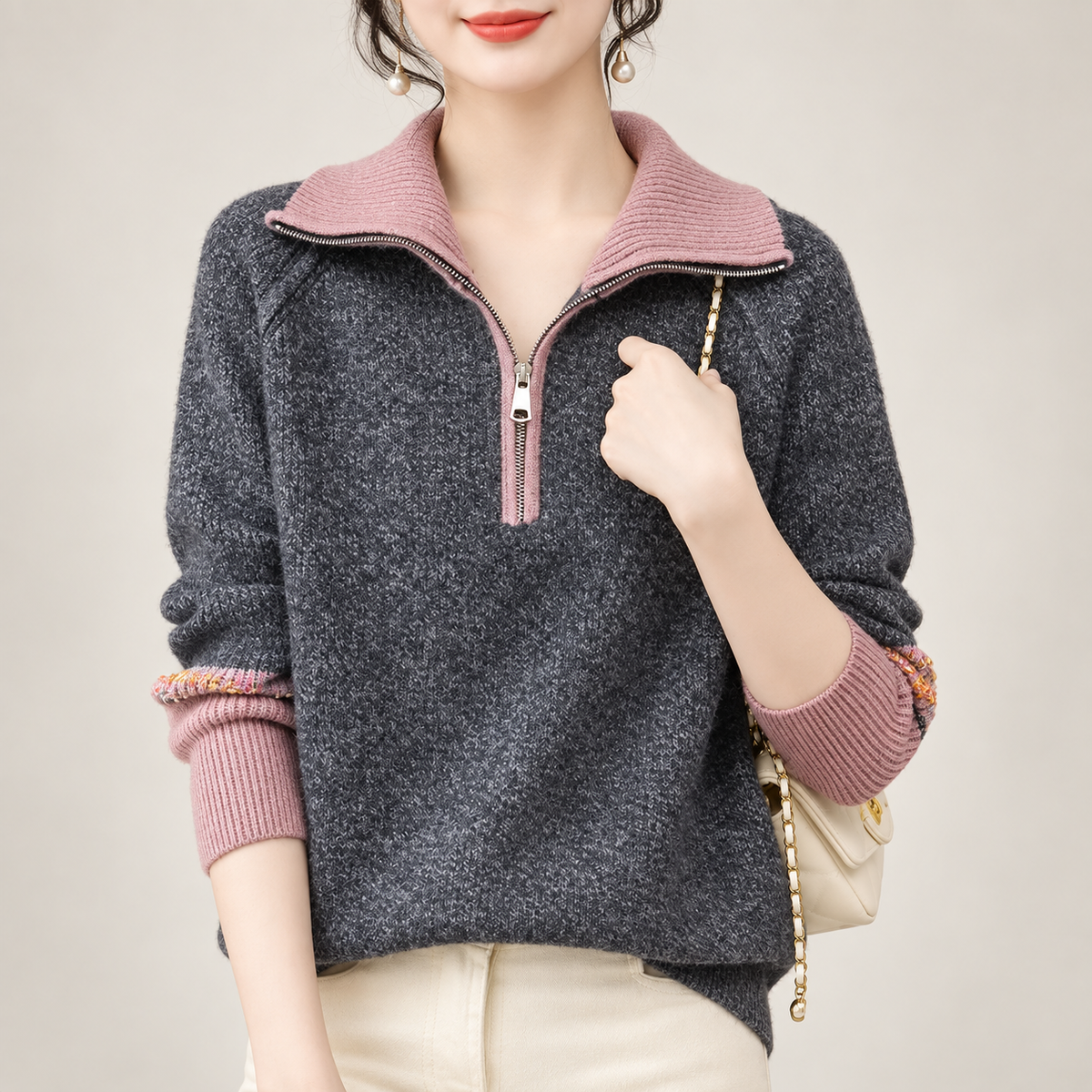 Margot Women's Colorblock Half-Zip Knit Sweater with Ribbed Collar