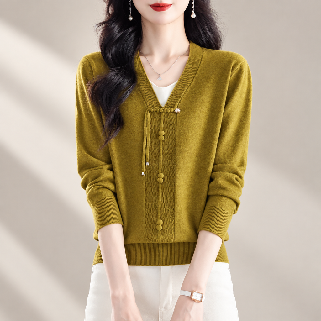Alessia Women's V-Neck Knit Sweater with Decorative Tie Detail