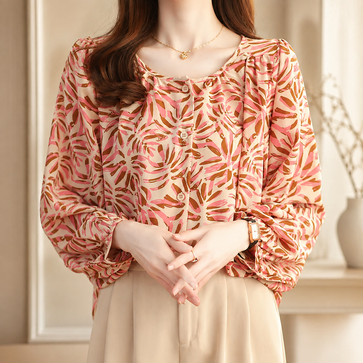 Lucienne Women’s Printed Button-Front Blouse – Relaxed Long Sleeve Top