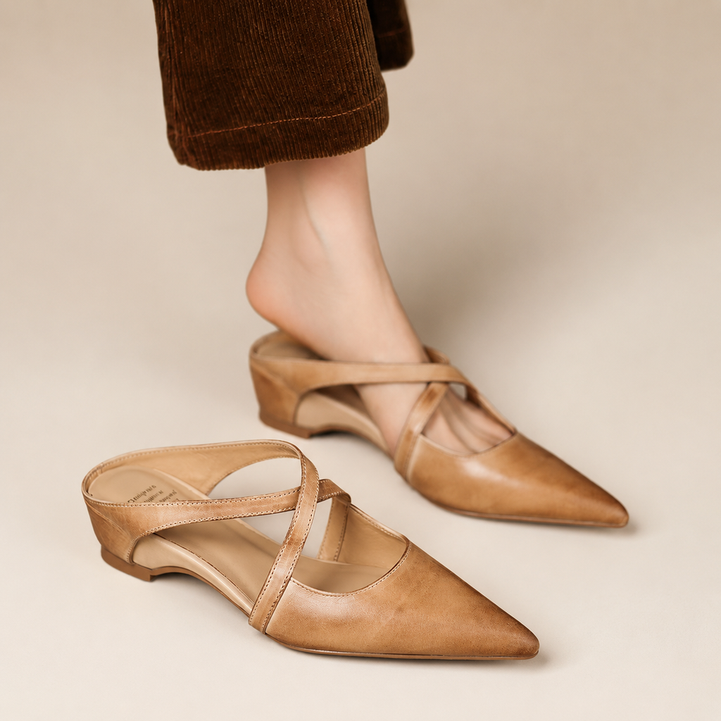 Charlotte Women’s Genuine Leather Pointed-Toe Mules with Cross Straps