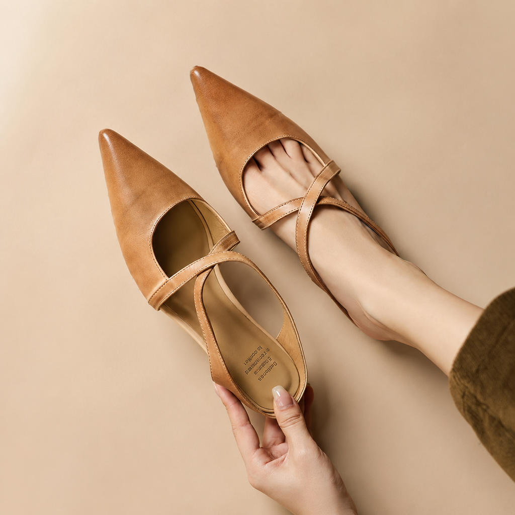 Charlotte Women’s Genuine Leather Pointed-Toe Mules with Cross Straps