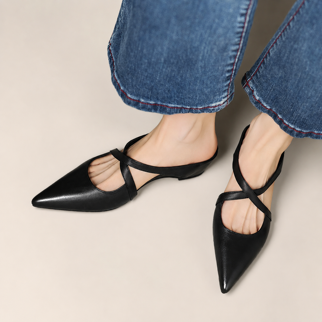 Charlotte Women’s Genuine Leather Pointed-Toe Mules with Cross Straps