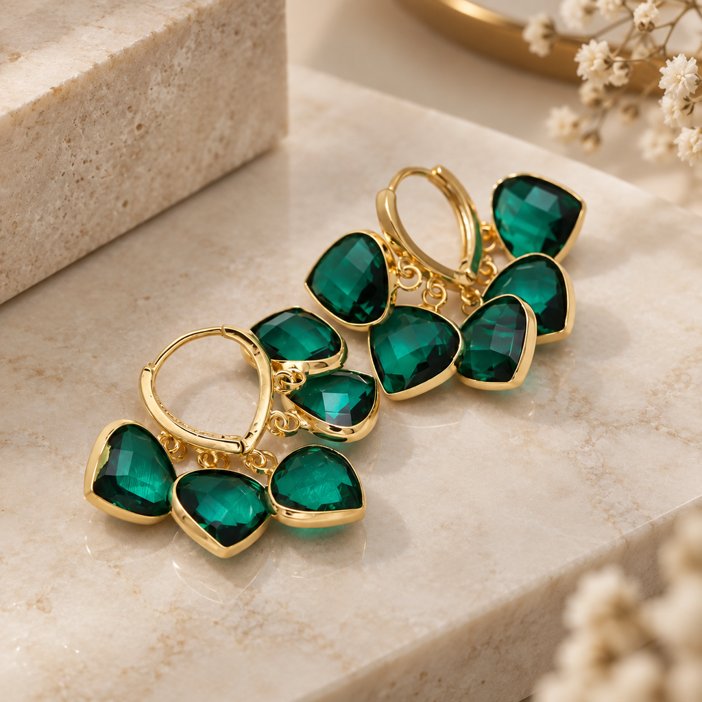 Fiona Faceted Crystal Charm Hoop Earrings – Gold Tone Cluster Drop Earrings