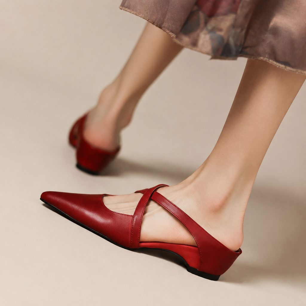 Charlotte Women’s Genuine Leather Pointed-Toe Mules with Cross Straps