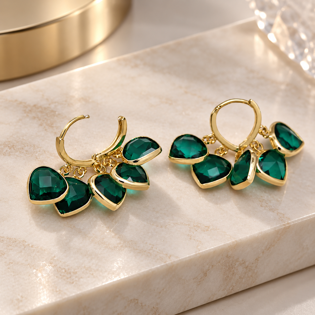 Fiona Faceted Crystal Charm Hoop Earrings – Gold Tone Cluster Drop Earrings