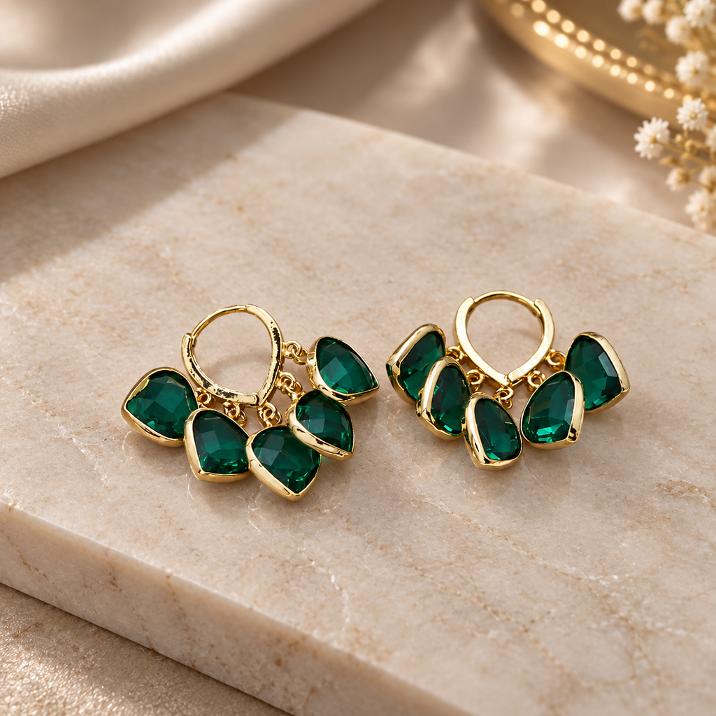 Fiona Faceted Crystal Charm Hoop Earrings – Gold Tone Cluster Drop Earrings