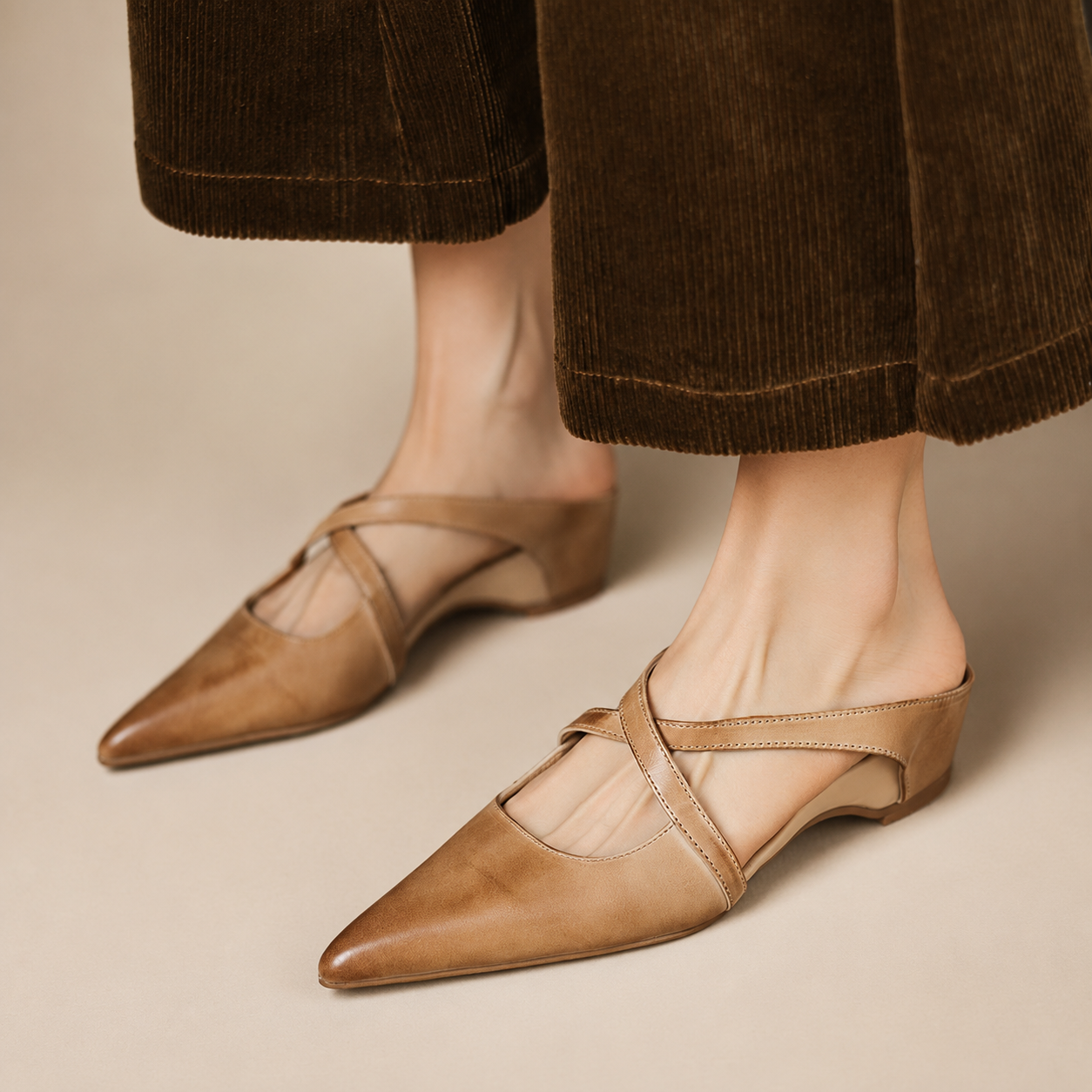 Charlotte Women’s Genuine Leather Pointed-Toe Mules with Cross Straps
