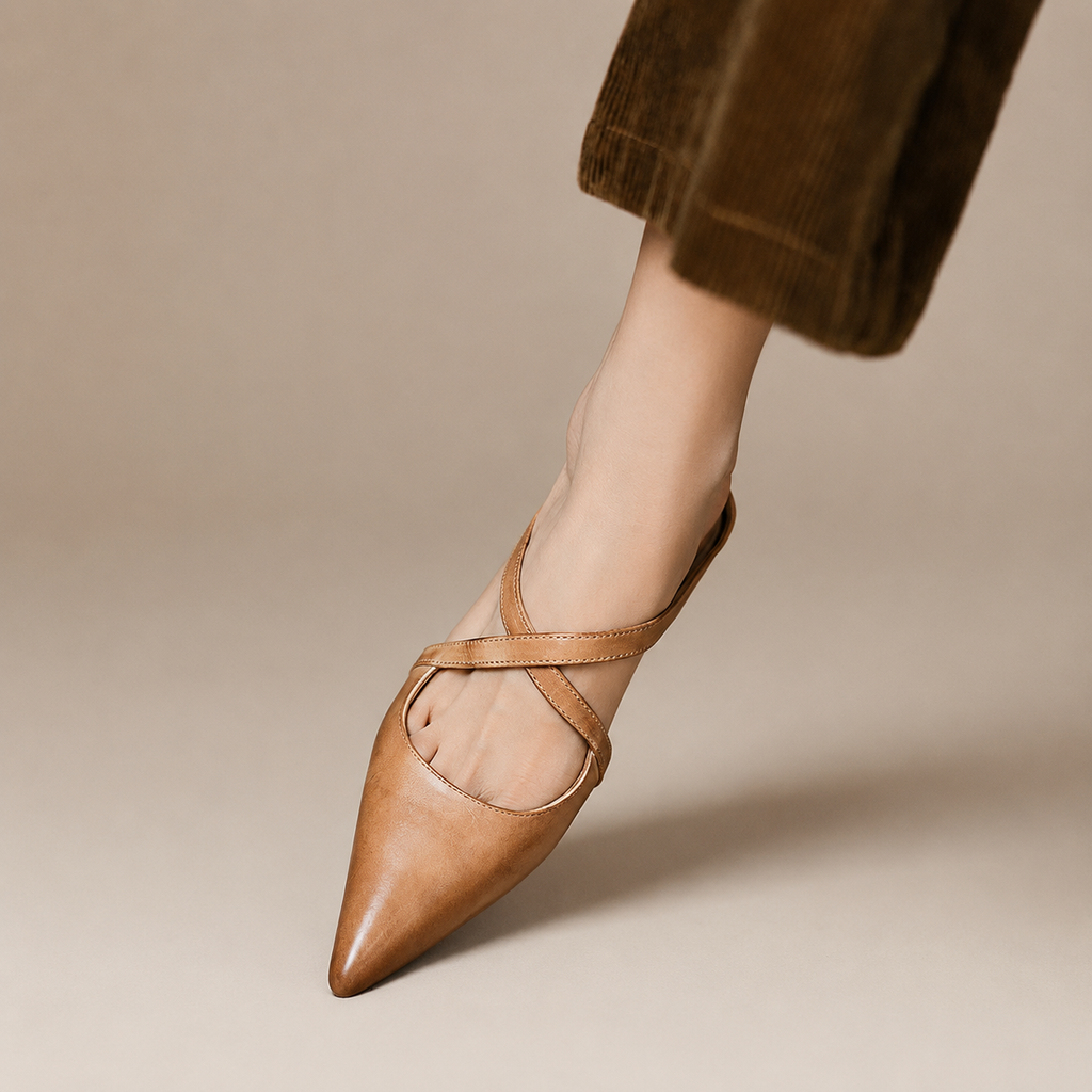 Charlotte Women’s Genuine Leather Pointed-Toe Mules with Cross Straps