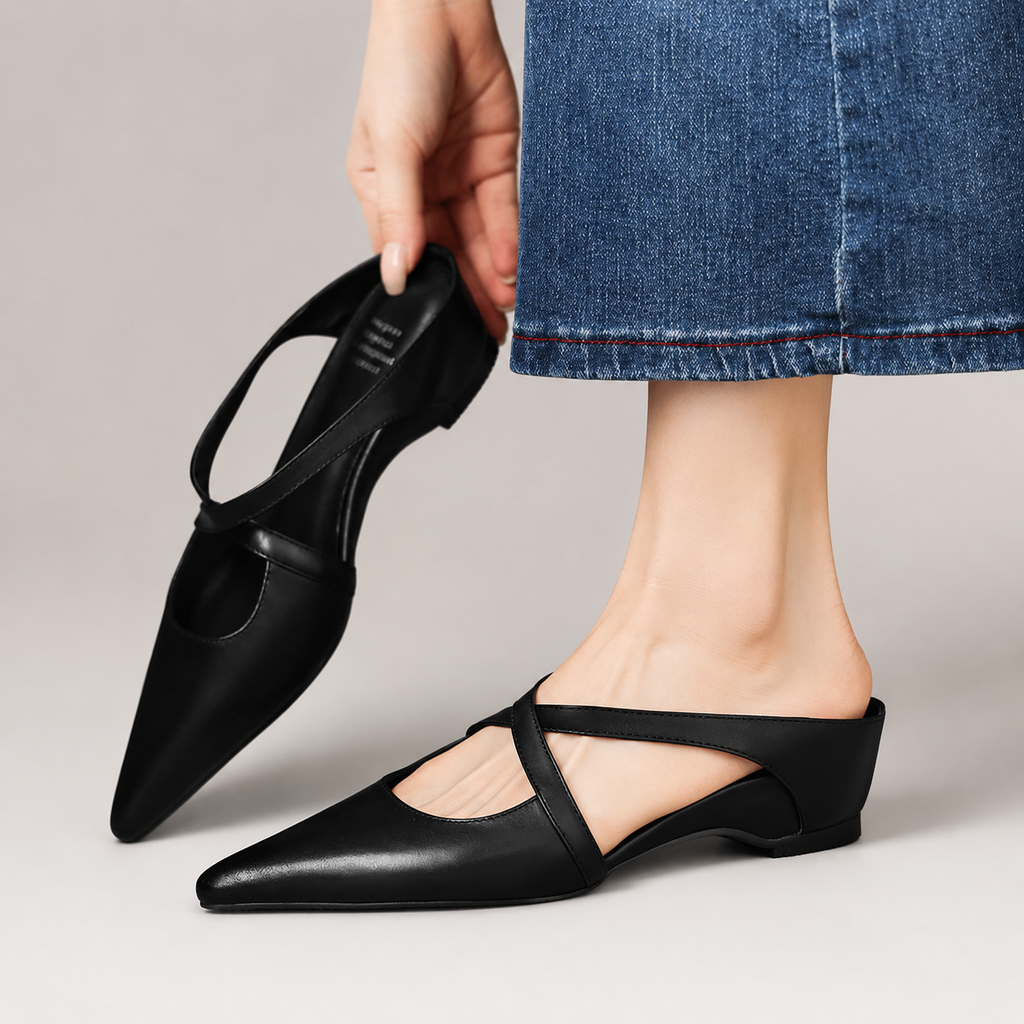 Charlotte Women’s Genuine Leather Pointed-Toe Mules with Cross Straps