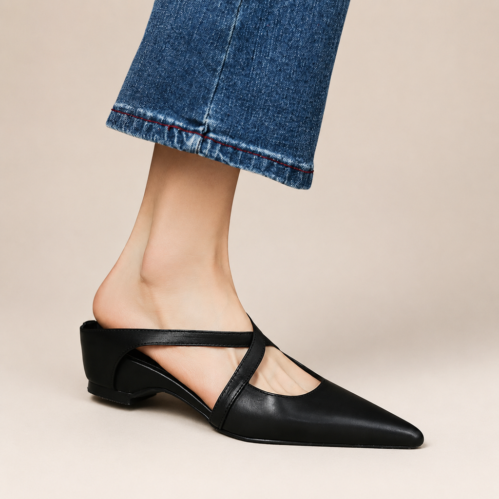 Charlotte Women’s Genuine Leather Pointed-Toe Mules with Cross Straps