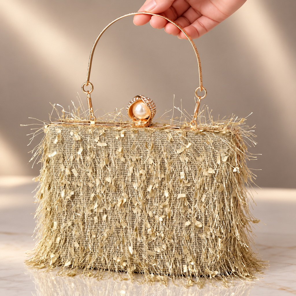 Vivienne Pearl Fringe Evening Clutch Bag with Gold Handle