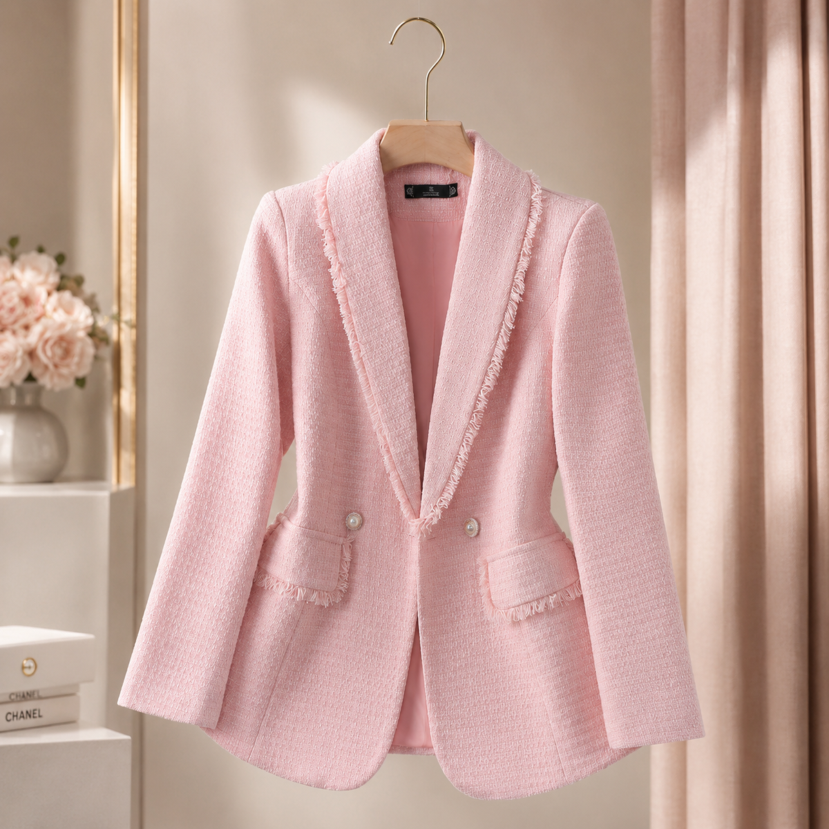 Genevieve Women’s Tweed Pearl Button Blazer