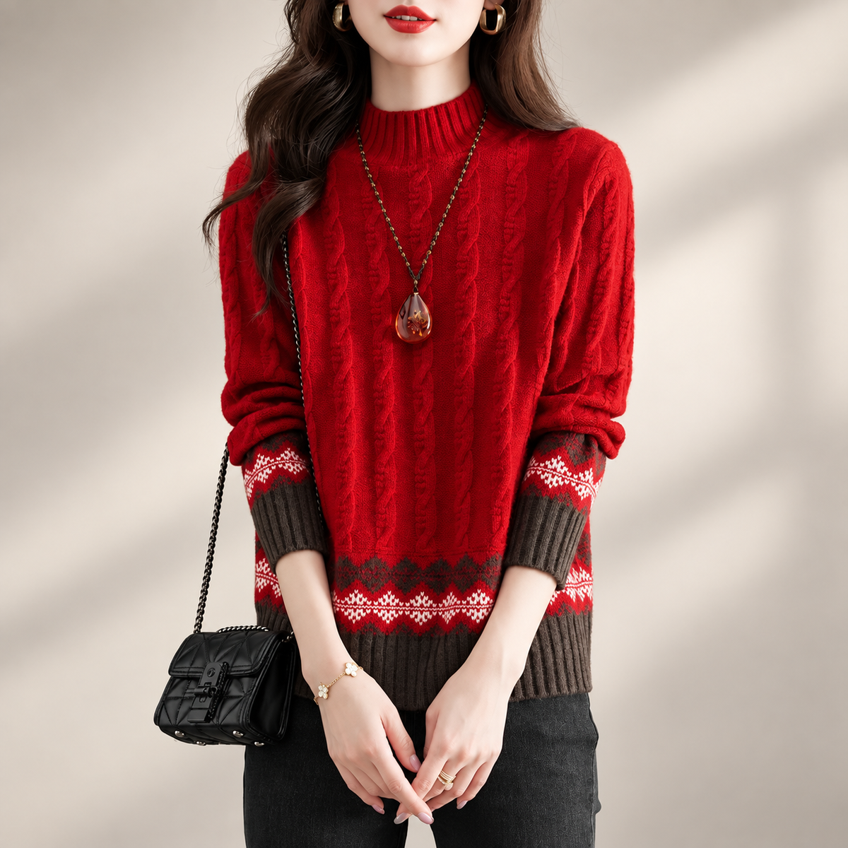 Adeline Fair Isle Cable Knit Mock Neck Sweater
