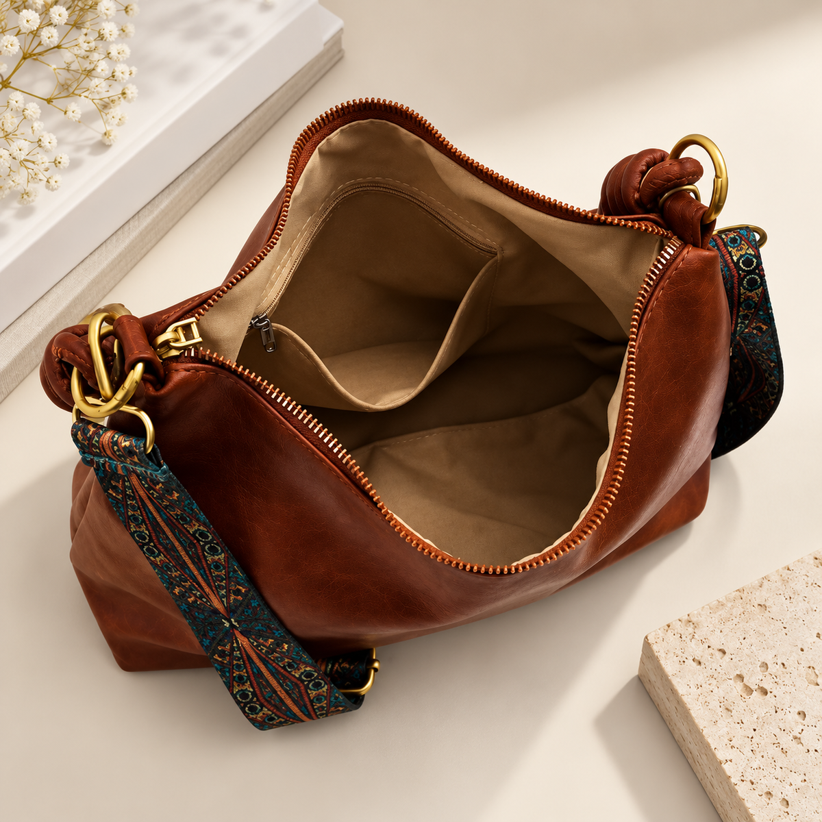 Rosalie Soft Hobo Shoulder Bag with Knotted Handles and Printed Strap