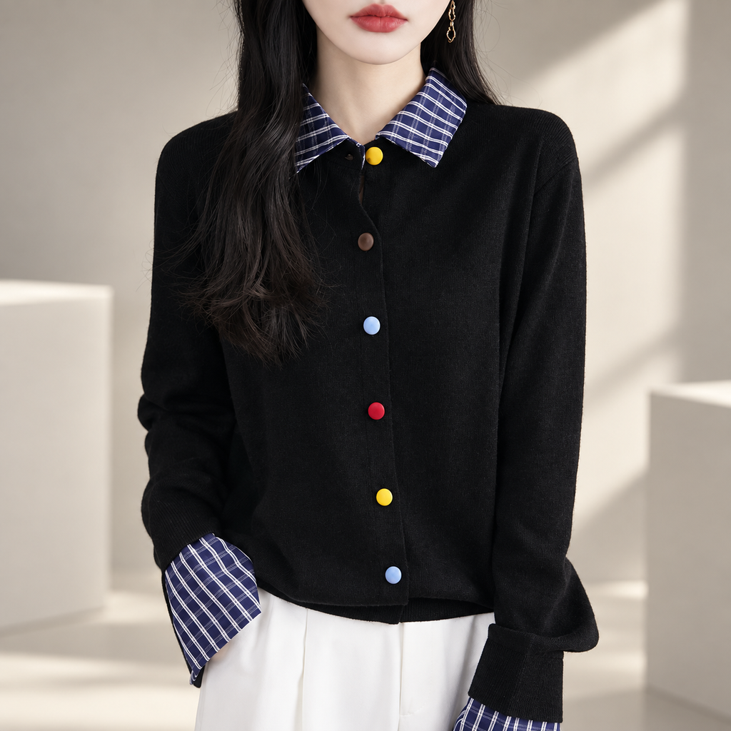 Lucienne Women's Plaid Collar Knit Cardigan with Multicolor Buttons