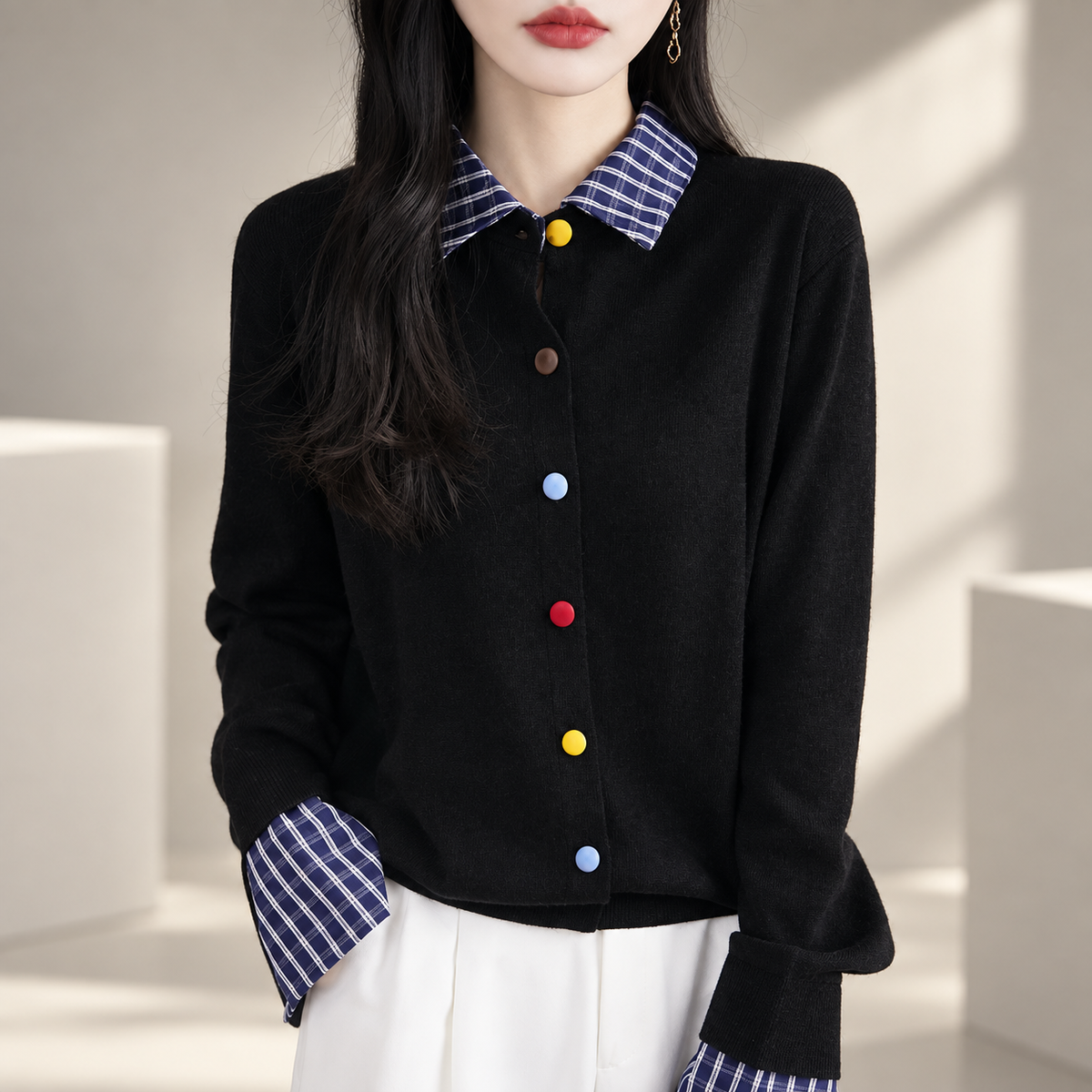 Lucienne Women's Plaid Collar Knit Cardigan with Multicolor Buttons