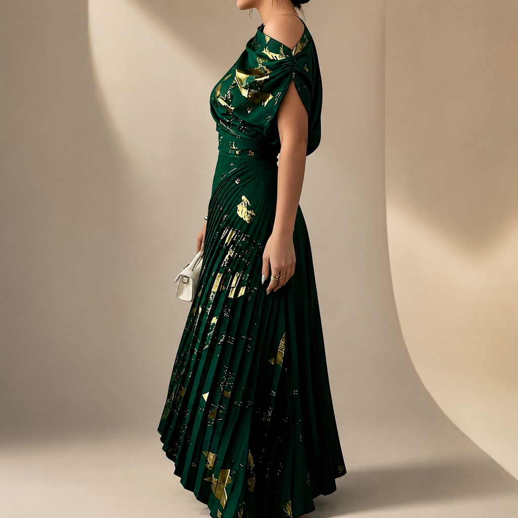 Natalie’s One-Shoulder Metallic Print Pleated Dress