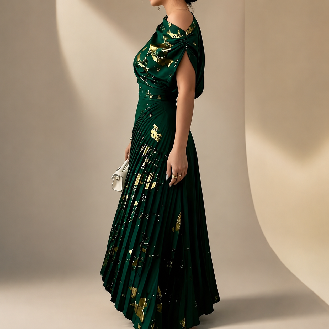 Natalie’s One-Shoulder Metallic Print Pleated Dress