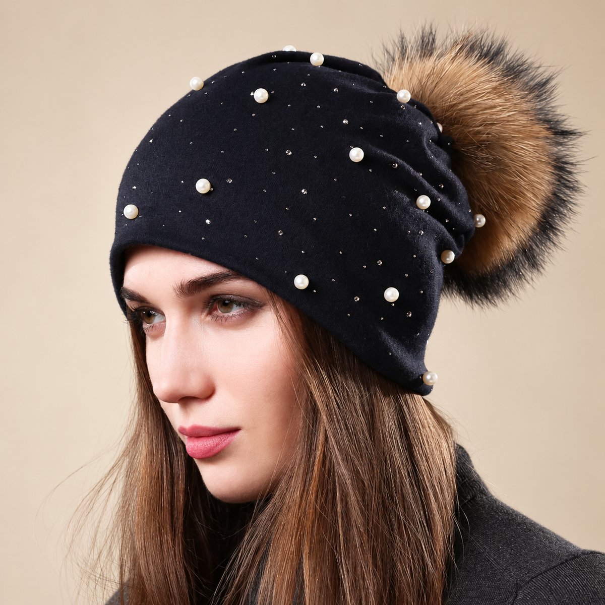 Serafina Women’s Pearl Embellished Slouchy Pom-Pom Beanie