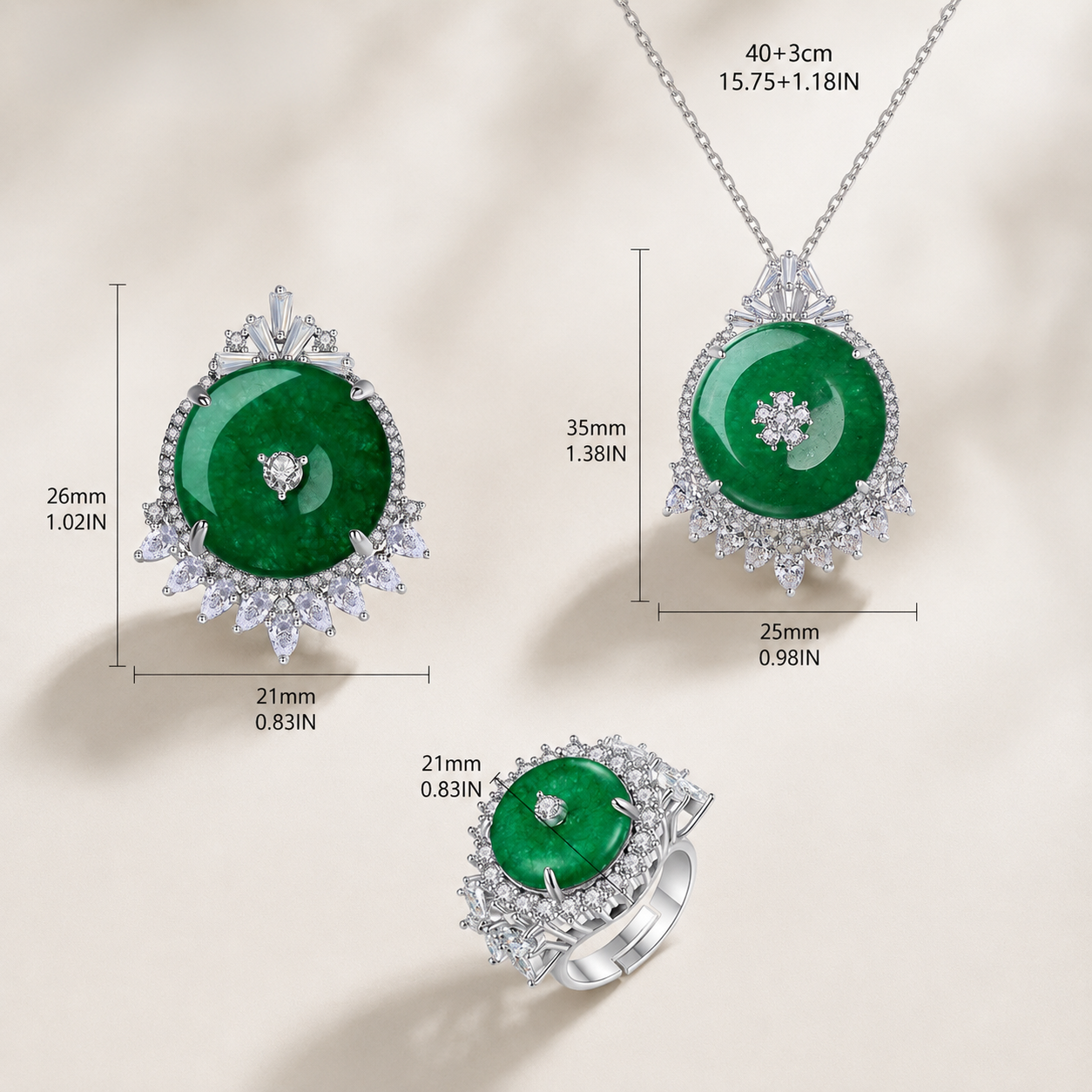 Camille Green Round Stone Jewelry Set with Silver-Tone Accents