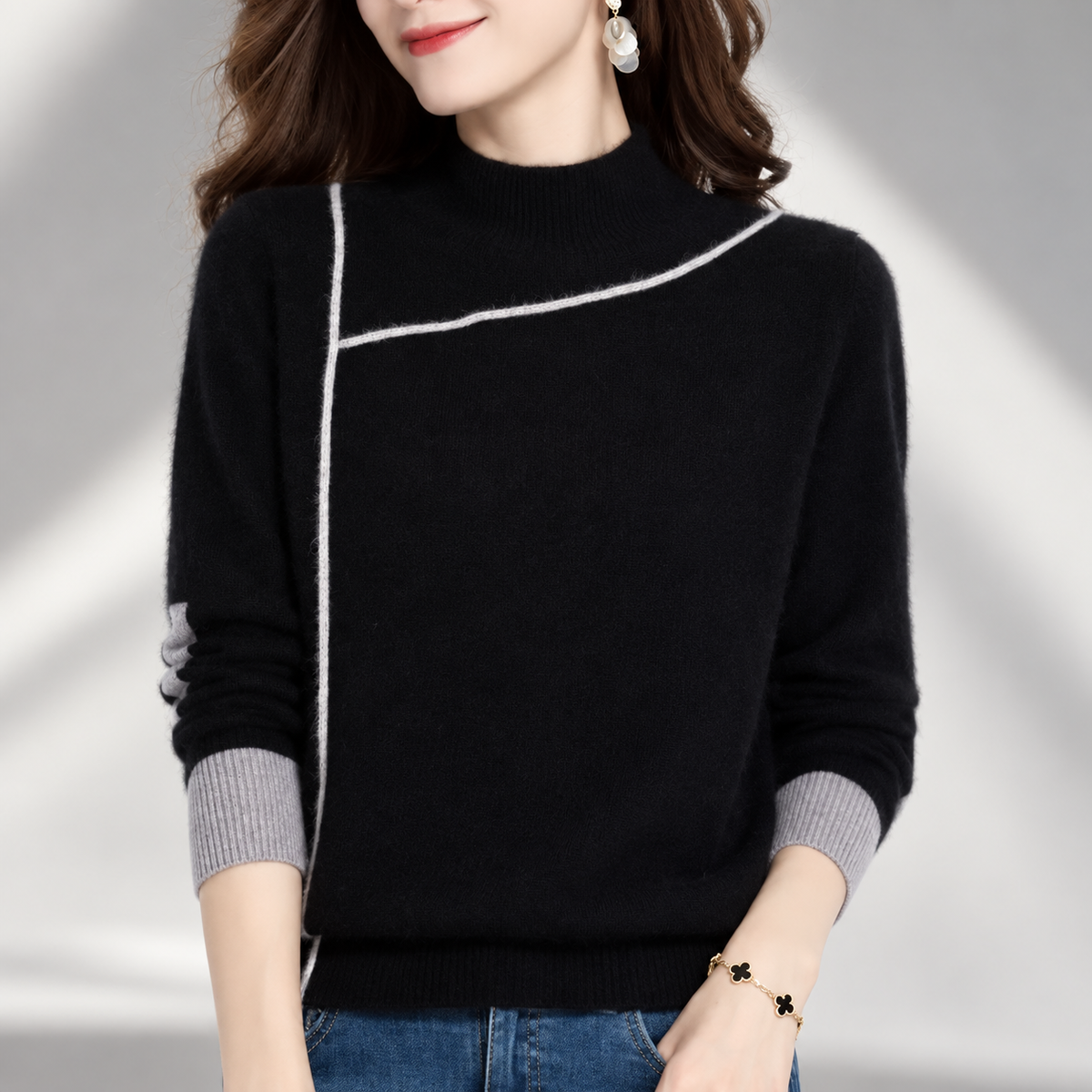 Rosalie Women's Contrast Trim Mock Neck Knit Sweater